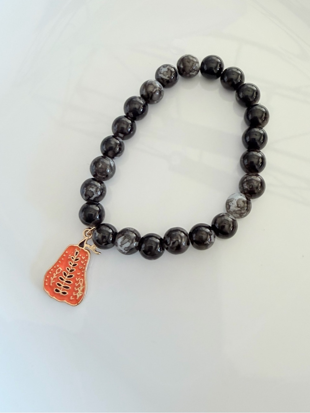 Fall Black Marbled Bead Bracelet with Orange Enamel Pumpkin Charm